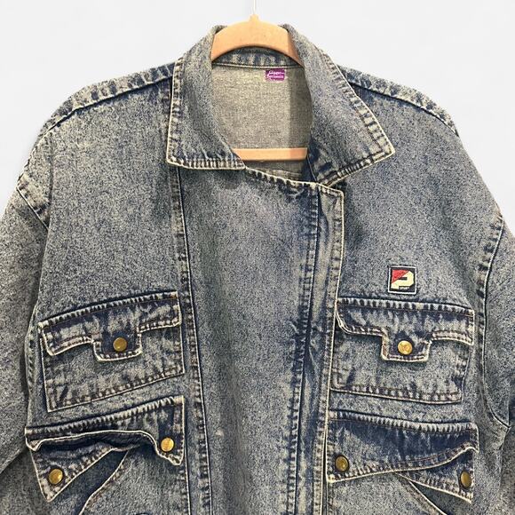 Rare Vintage 90s Acid Wash Oversized Asymmetric Denim Jacket Medium French Girl - Picture 5 of 6